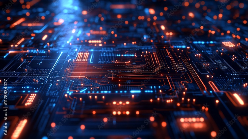 Poster abstract digital circuit board with glowing lines and nodes.