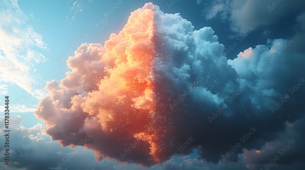 Poster evolution of data storage analog clouds merging with digital clouds in the sky
