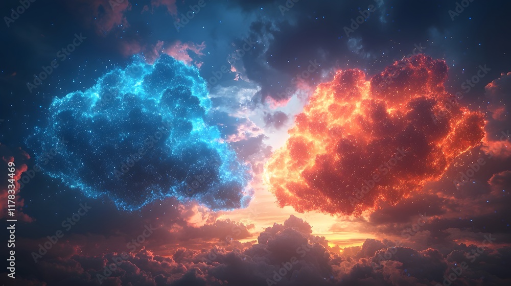 Poster dramatic cloudscape representing the evolution of digital data storage and cloud computing