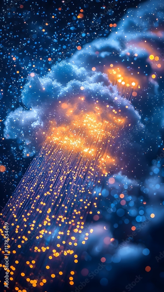 Poster futuristic network cables stretching into sky high clouds representing global connectivity through c