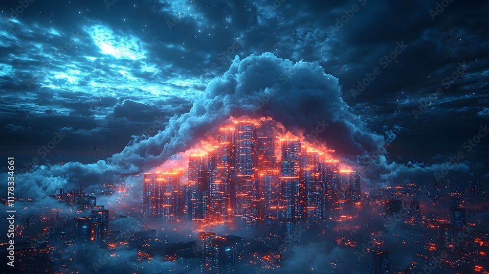Wall mural futuristic mountain peaks made from stacked servers with data clouds circling overhead cloud computi
