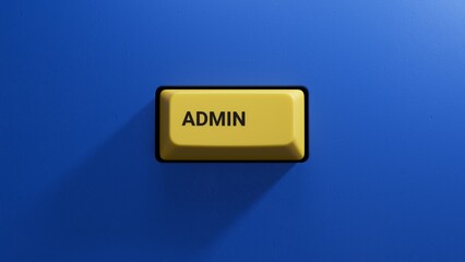 Admin Word In yellow button.close up button of keyboard,Business Concept.3D rendering on blue background.