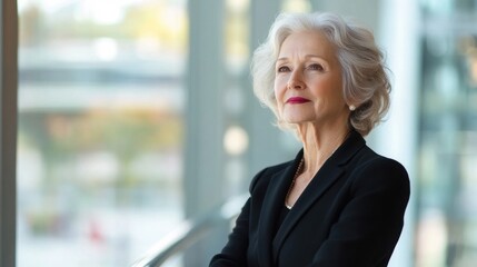 elegant older woman in professional attire, standing in a modern setting with a poised and thoughtful expression