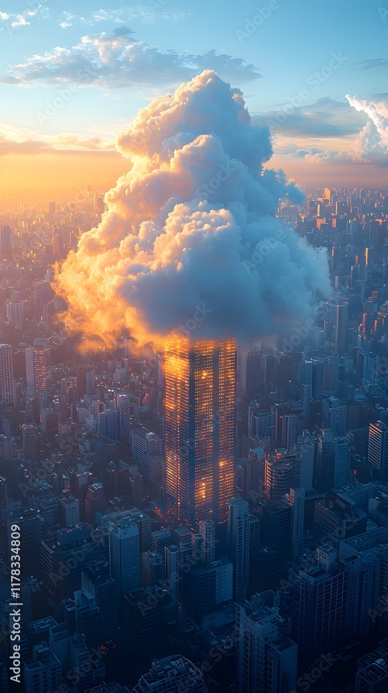 Poster futuristic urban skyline with clouds shaped like server racks and visible data flows