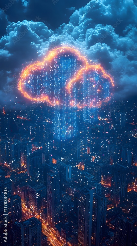 Poster urban skyline with cloud computing concept server racks and visible data movement