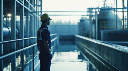 A man in a blue jumpsuit stands in front of a large body of water