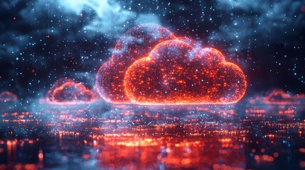Floating Holographic Screens Illuminate the Stormy Night Sky Showcasing the Versatility of Cloud Computing