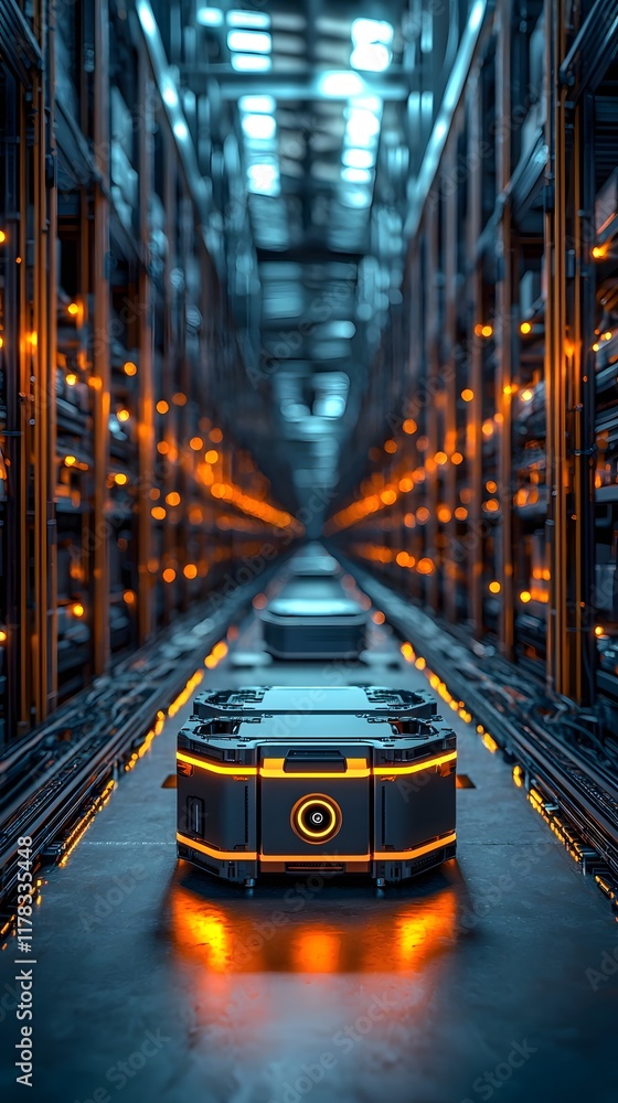 Poster futuristic ai driven logistics robots and drones delivering packages in automated warehouse