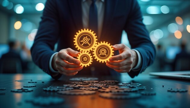 Business person arranges glowing gears on table. Innovative business approach. Modern tech concept. Company restructuring. Digital transformation. Strategic planning. Fast adaptation to changes. Lean
