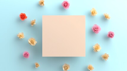 A minimalist flat lay featuring a blank square box surrounded by colorful flowers on a pastel blue background.