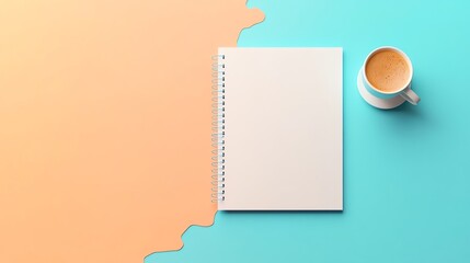 A minimalist setup featuring a blank notebook and a cup of coffee on a two-toned background, perfect for creativity and productivity.
