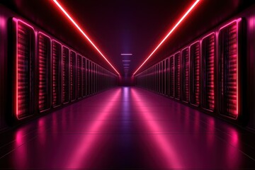Fototapeta premium Neon-lit data center corridor with servers.