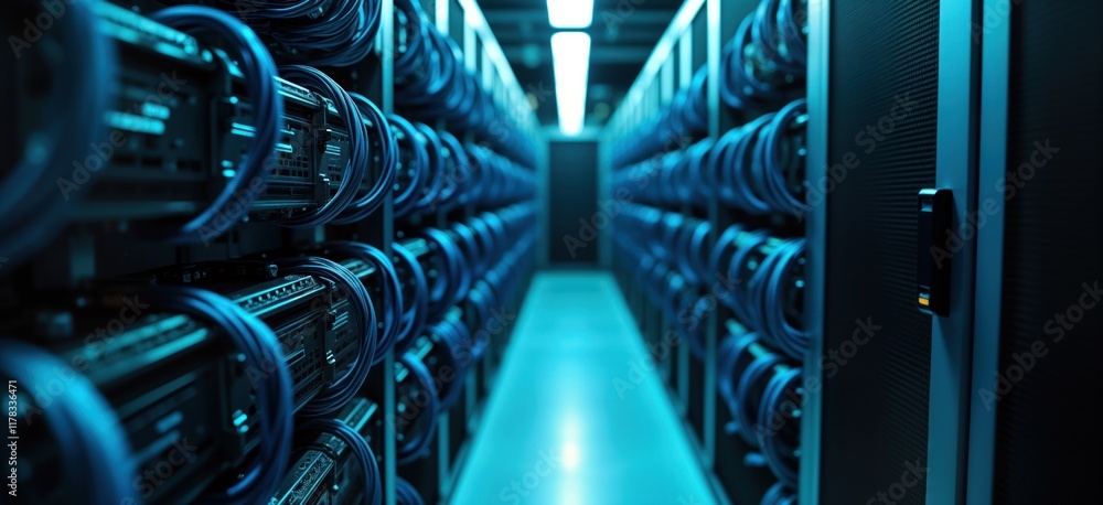Aufkleber Close-up view of server room tech infrastructure. Network cables organized, managed within server racks. Modern data center equipment. Detailed shot of connectivity, tech solutions. Complex system of