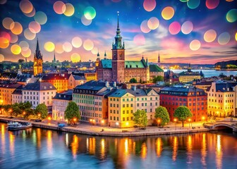 Obraz premium Panoramic view of Stockholm's Old Town, soft-focused charm.