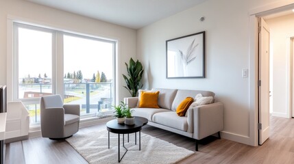 Modern living room with natural light and minimalist decor.