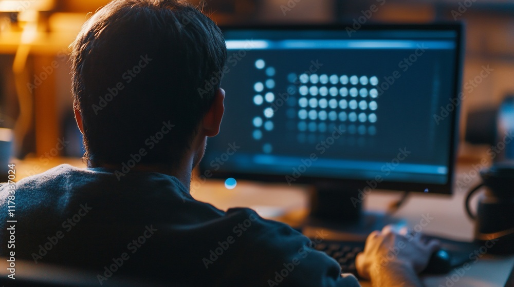 Poster man working late at night on computer.