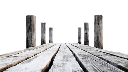 Naklejka premium Isolated wooden pier with weathered wooden pillars on a white background, featuring sharp focus, high resolution, and no shadows, perfect for architectural concepts, marine-themed designs