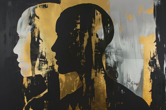 Dual silhouette abstract art with gold