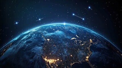 Obraz premium A view of Earth from space with shooting stars above.