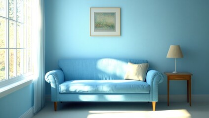 Sunny blue living room with sofa, painting, and lamp.