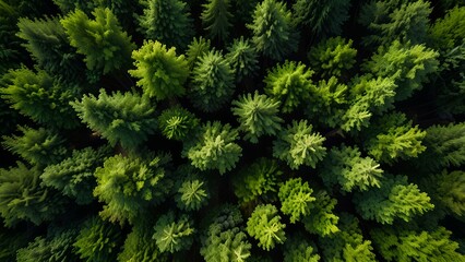 Fototapeta premium Aerial top view of green trees in forest. Drone view of green tree captures CO2 to Sustainable green environment AI generated stock image
