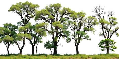 High quality image of four diverse trees with green foliage on white background, showcasing extreme detail and no shadows, trees, environment, stock photo