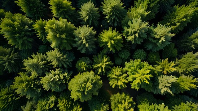 Aerial top view of green trees in forest. Drone view of green tree captures CO2 to Sustainable green environment AI generated stock image