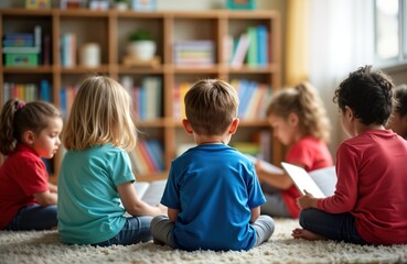 Kindergarten children seated on carpet, engaged in reading lesson. Surrounded by bookshelves. Children focused on books, digital tablets. Learning happening in classroom setting. Photo highlights