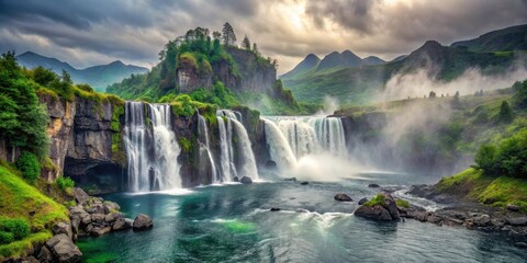 Majestic Waterfall Cascading Down Verdant Cliffs into a Serene Pool