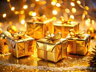 Gleaming gold gift boxes shimmer, festive New Year's presents against a softly lit holiday backdrop.