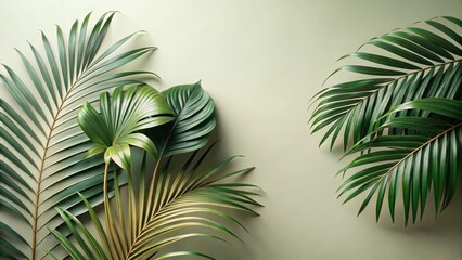 Lush Tropical Foliage Arranged Against a Soft Green Background, Ideal for Relaxation and Wellness Designs