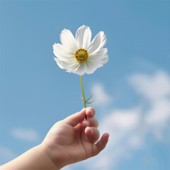 Blossom flower in baby's hand in close up, version 44