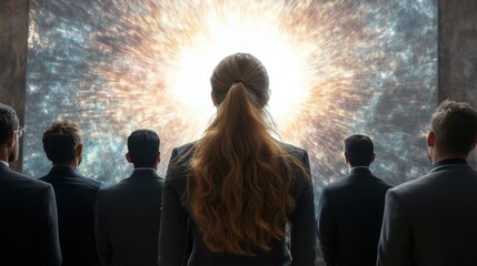 Businesswoman Presenting Innovative Ideas on Futuristic Digital Board Amidst Professionals