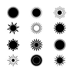 Sun black icons set. Summer heat icons. Round solar element.