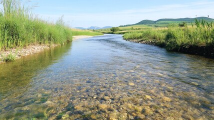 A serene river flows through a lush green landscape under a clear sky.