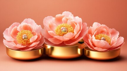 Three peach-colored peonies in gold bowls on coral background.