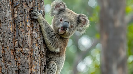 Fototapeta premium Koala climbing tree in Australian forest, wildlife conservation image