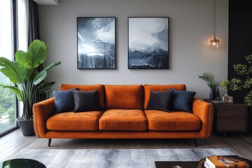 Fashionable living room with light brown leather sofas, armchairs, and coffee tables with wooden legs and metal frames, exuding American minimalist style, warm hues, and a touch of romance.