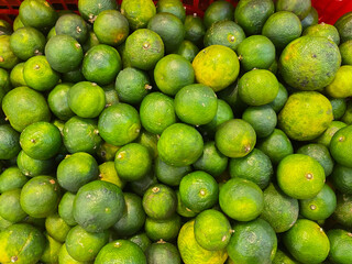 A high angle close-up shows a heap of fresh, vibrant green limes, some with yellow hues.