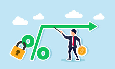 A businessman holding a dollar coin and a pointer explains an arrow originating from a sealed percent sign, illustration of financial stability education for businesses