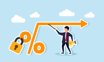 A businessman hold a trophy and explains an arrow from a sealed percent sign, illustration of educate on the importance of market share percentage in become a leading company