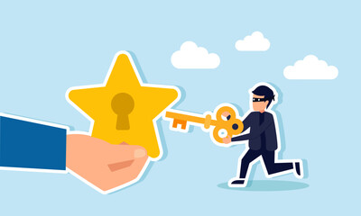 A thief holding a key runs towards a hand holding a star with a keyhole, illustration of corruption practices in manipulating business ratings and quality