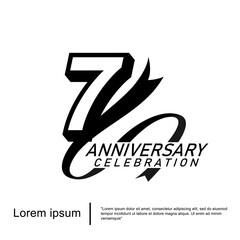 7th years anniversary celebration emblem. black logo isolated with ribbon on white background. vector illustration template design for web, flyers, poster, greeting card and invitation card