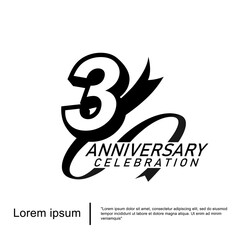 3rd years anniversary celebration emblem. black logo isolated with ribbon on white background. vector illustration template design for web, flyers, poster, greeting card