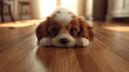 Puppy resting on hardwood floor in sunlit room, ideal for pet adoption campaigns