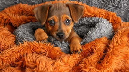 Puppy nestled in cozy orange and gray blankets, perfect for pet adoption campaigns