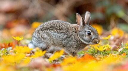 Fototapeta premium Wild rabbit foraging amongst yellow wildflowers and autumn leaves in a forest