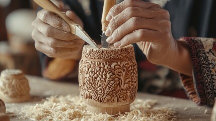 Close-up of hands carving intricate designs into a wooden figurine at a craft fair