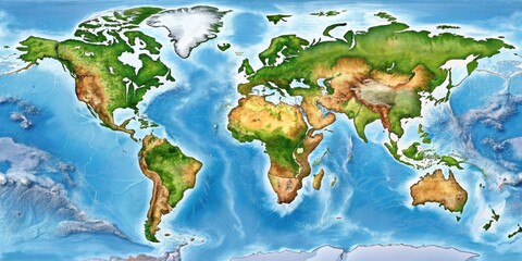 Artistic World Map Depicting Continents and Oceans with Detailed Terrain