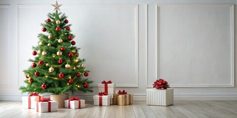 Gleaming white wall showcases festive Christmas tree gift boxes, a perfect holiday image.